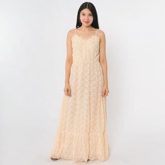 70s Peach Lace Maxi Dress Sweetheart Neckline Spaghetti Strap Small
