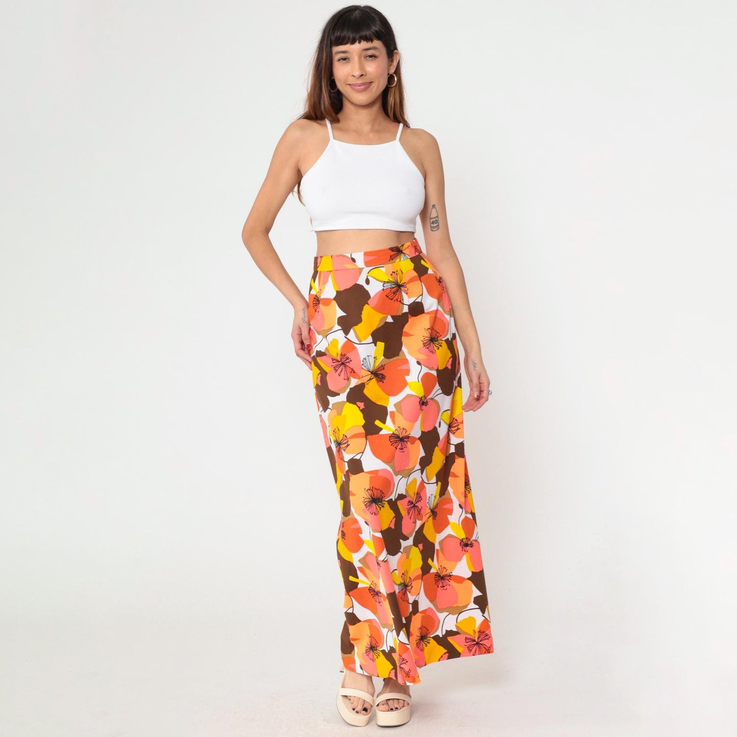 70s Floral Maxi Skirt High Waist Tropical Print Coral Orange Brown Medium