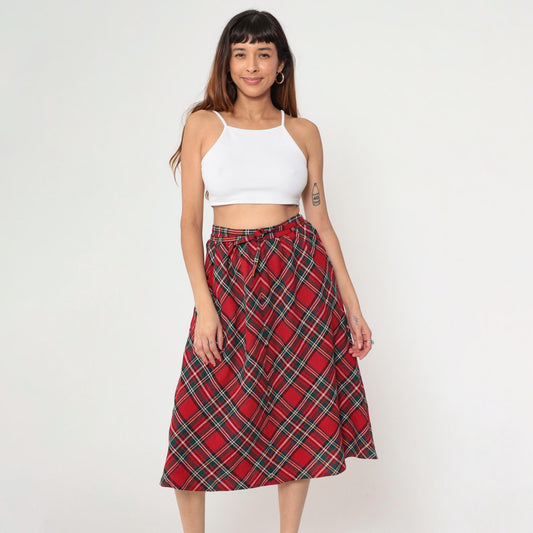 70s Red Plaid Wool Midi Skirt High Waisted A-Line Tartan Small