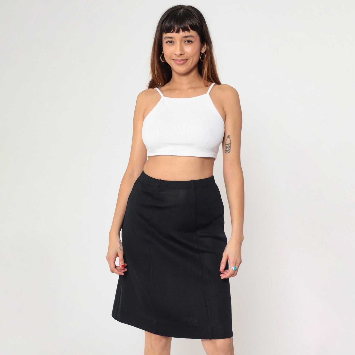 70s Black Knit Pencil Skirt High Waist Knee Length Extra Small