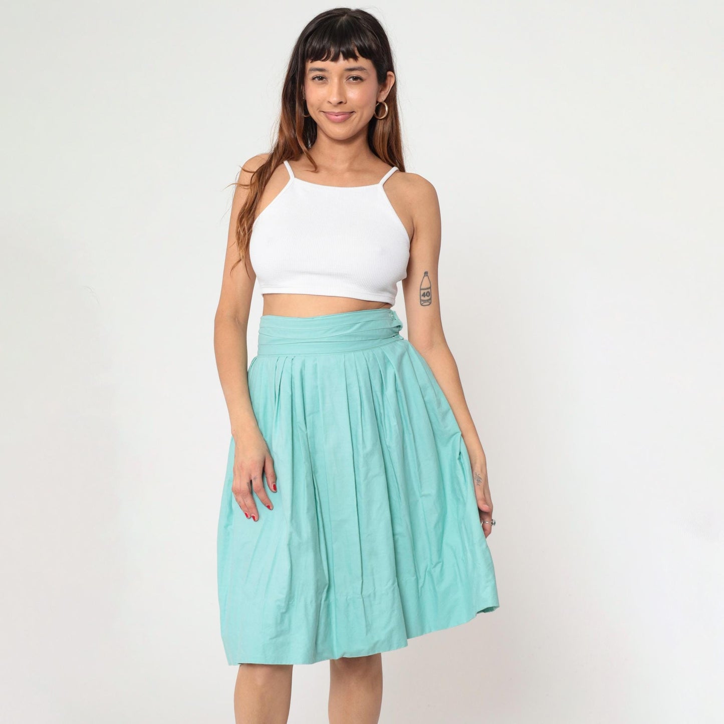 60s Seafoam Pleated High-Waist Skirt Mint Blue Knee-Length Small S