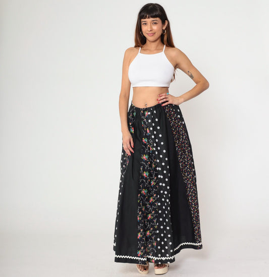 70s Carefree Fashions Floral Patchwork Maxi Skirt Black Ric-Rac High Waist Small Medium