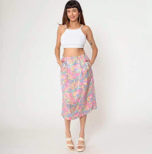 80s Pastel Paisley Midi Skirt High Waist Pleated Pockets Medium