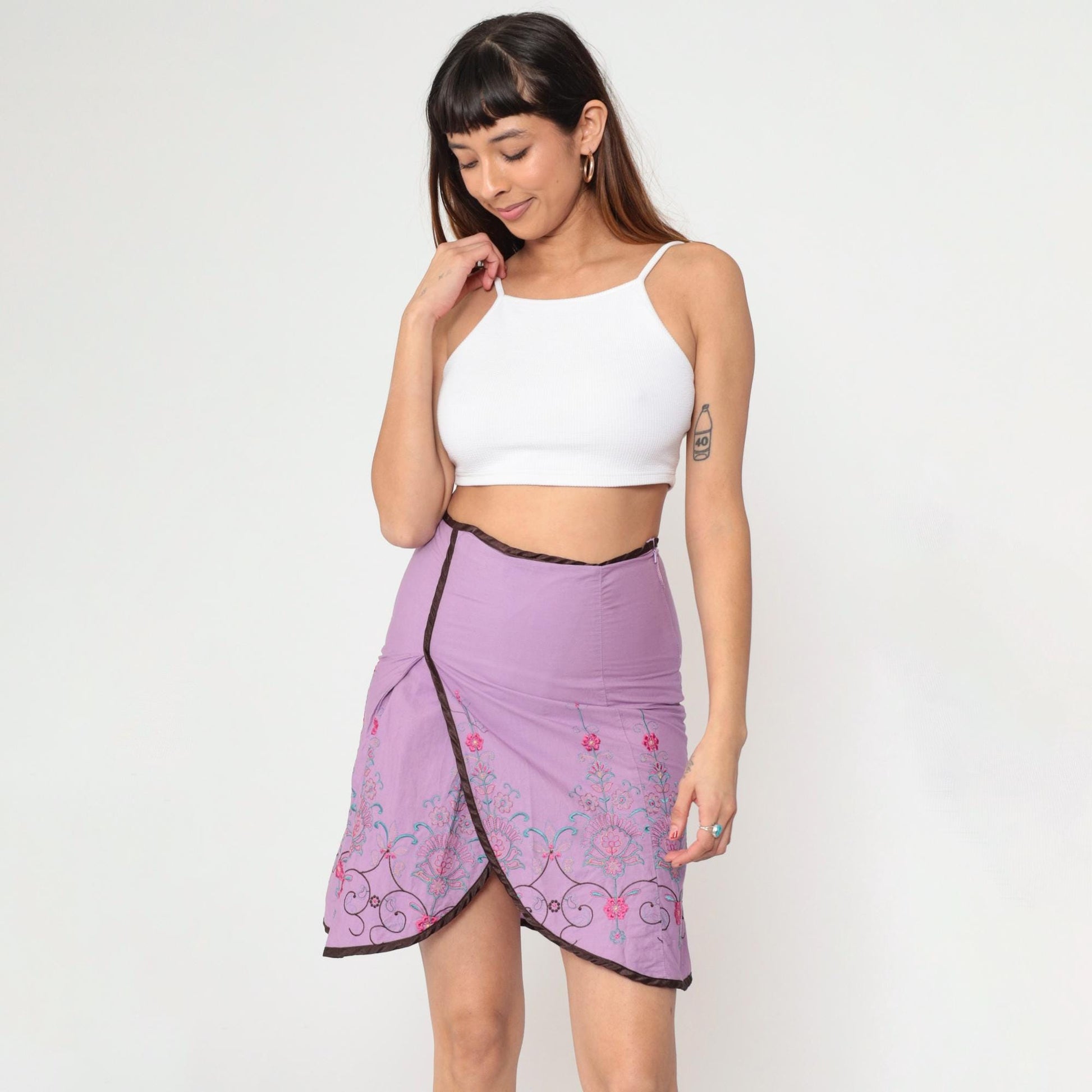 00s Heart Soul Floral Embroidered Mini Skirt Lavender Pencil Small
