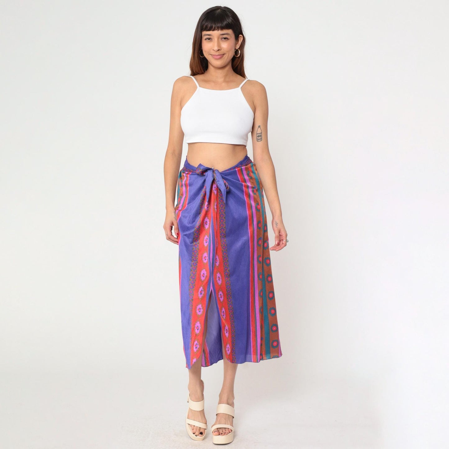 70s Stewart Striped Midi Skirt Purple Red Tie Waist Front Slit Medium