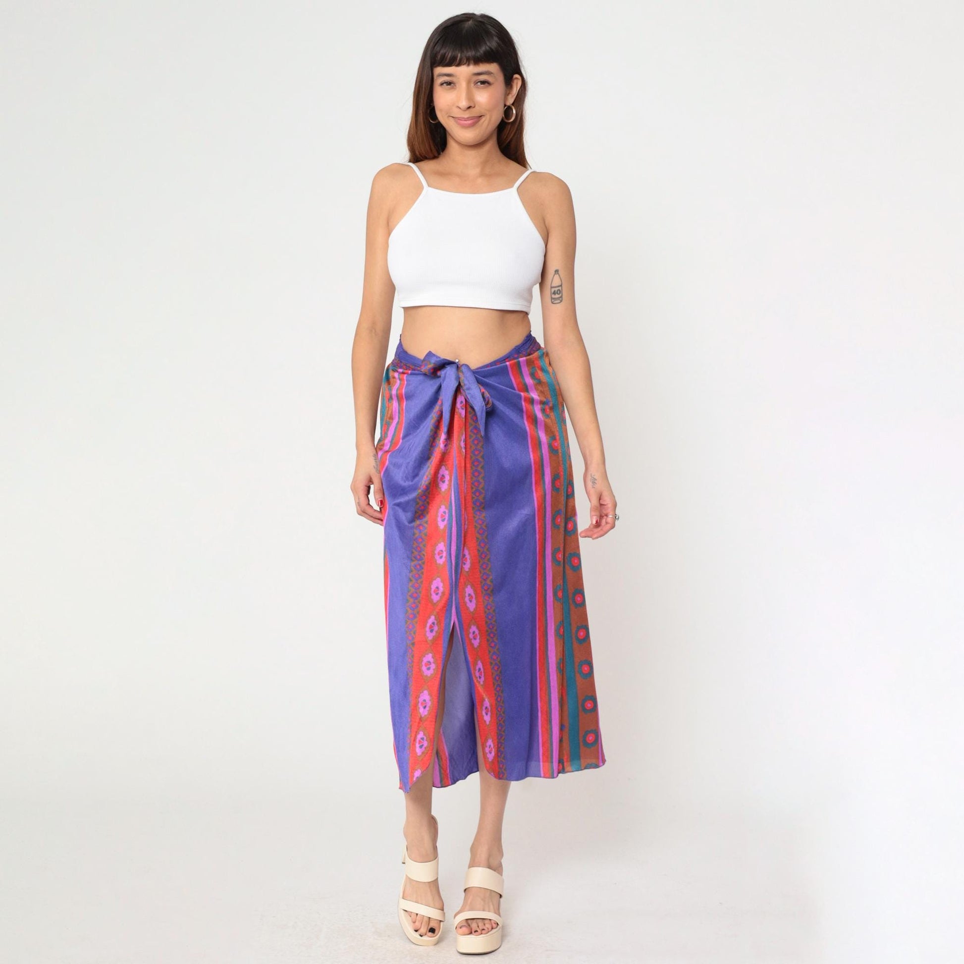 70s Stewart Striped Midi Skirt Purple Red Tie Waist Front Slit Medium