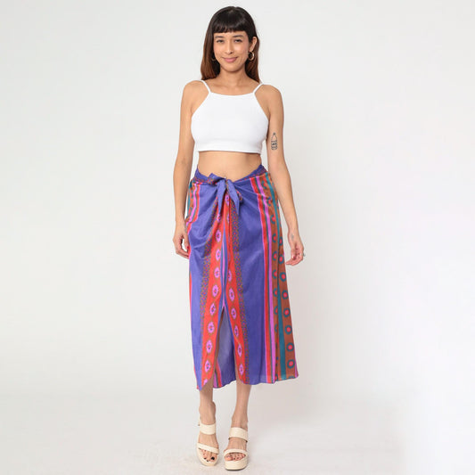 70s Stewart Striped Midi Skirt Purple Red Tie Waist Front Slit Medium