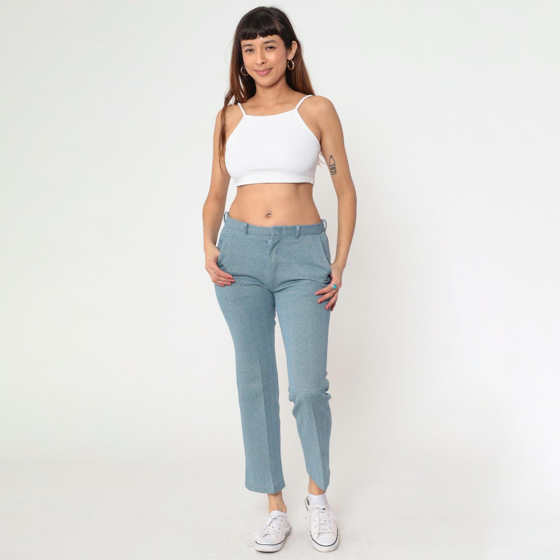 70s Blue Herringbone Bootcut Trousers Mid Rise Mod Small 6