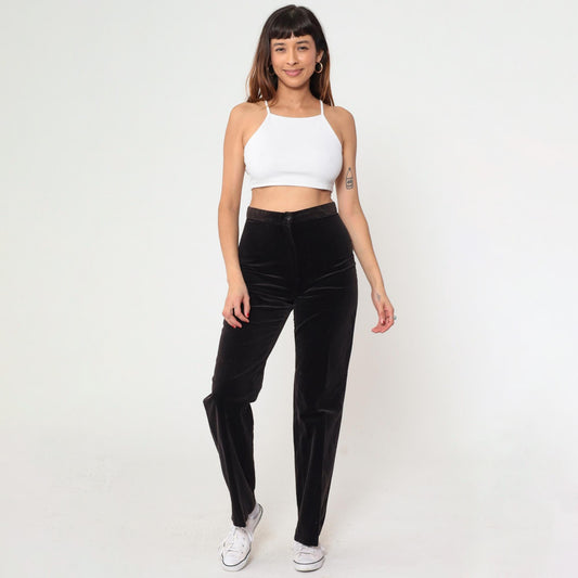 80s Brown Velvet High-Waisted Straight Leg Trousers Small S