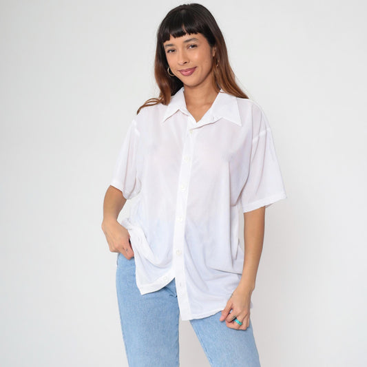 90s Positano White Ribbed Button Up Shirt Short Sleeve Collared Extra Large XL