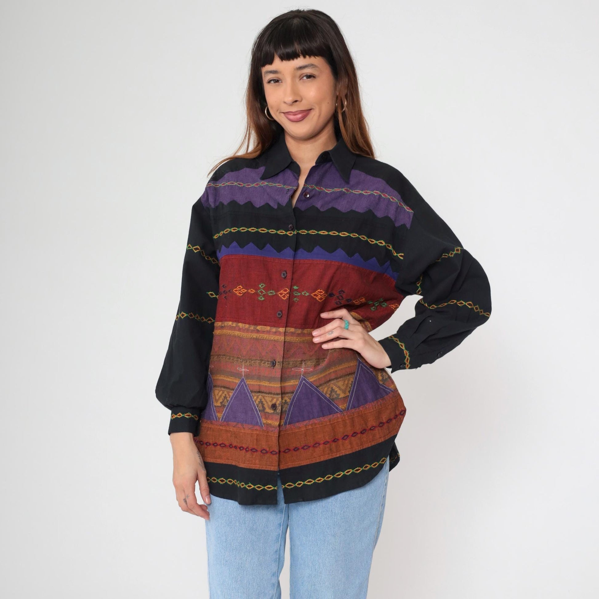 90s Sandy Starkman Geometric Patchwork Button Up Shirt Black Cotton Small