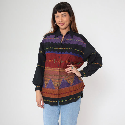 90s Sandy Starkman Geometric Patchwork Button Up Shirt Black Cotton Small
