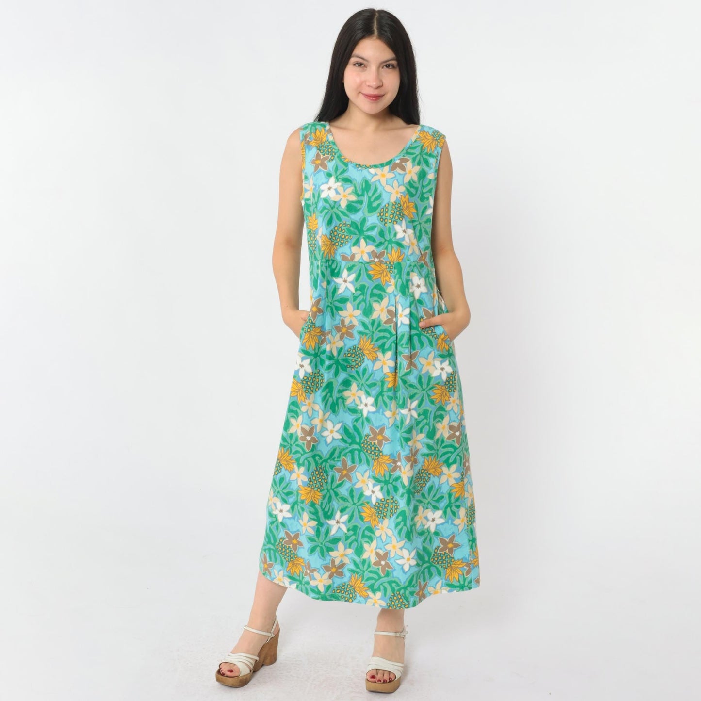 Y2K Ron Jon Surf Shop Hawaiian Floral Pineapple Midi Dress Cotton Green Medium