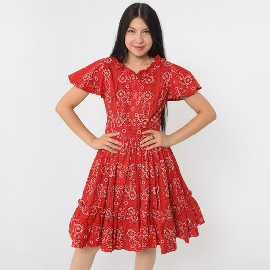 70s Red Handkerchief Print Square Dance Dress Flutter Sleeve Midi Small