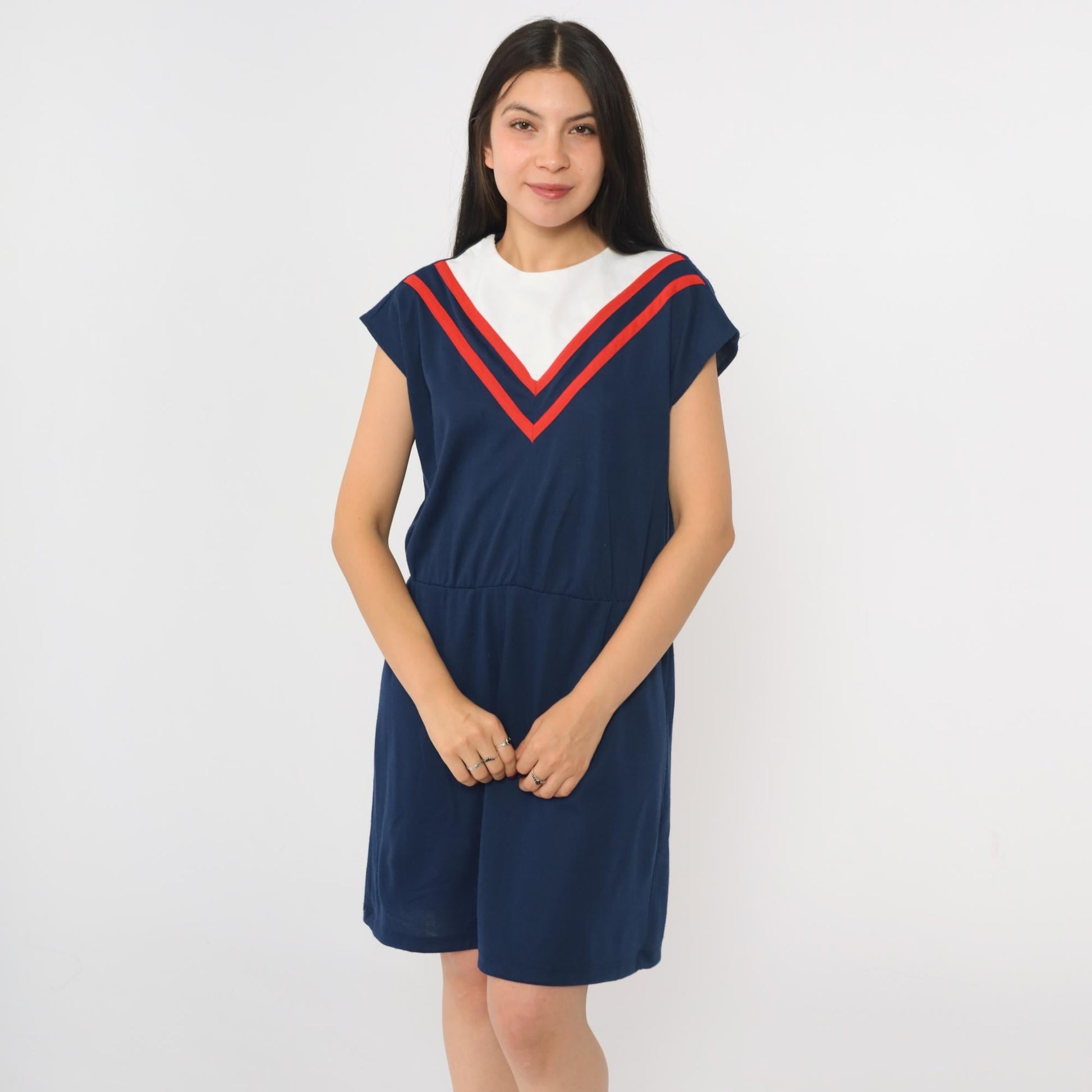 80s Navy Chevron Striped Mini Dress White Yoke Cap Sleeve High Waist Medium