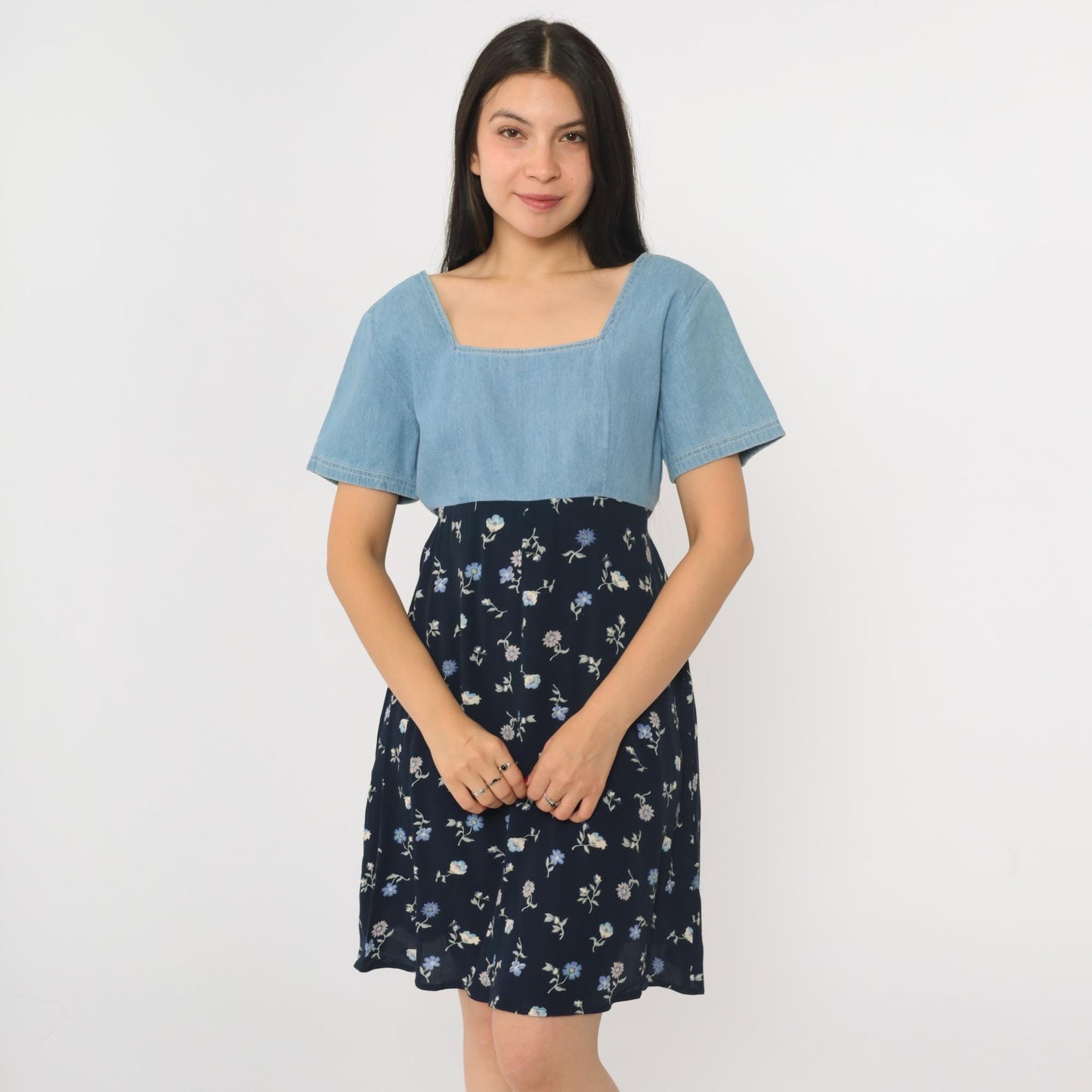 90s Jeans by Express Floral Denim Mini Dress High Waist Blue Small