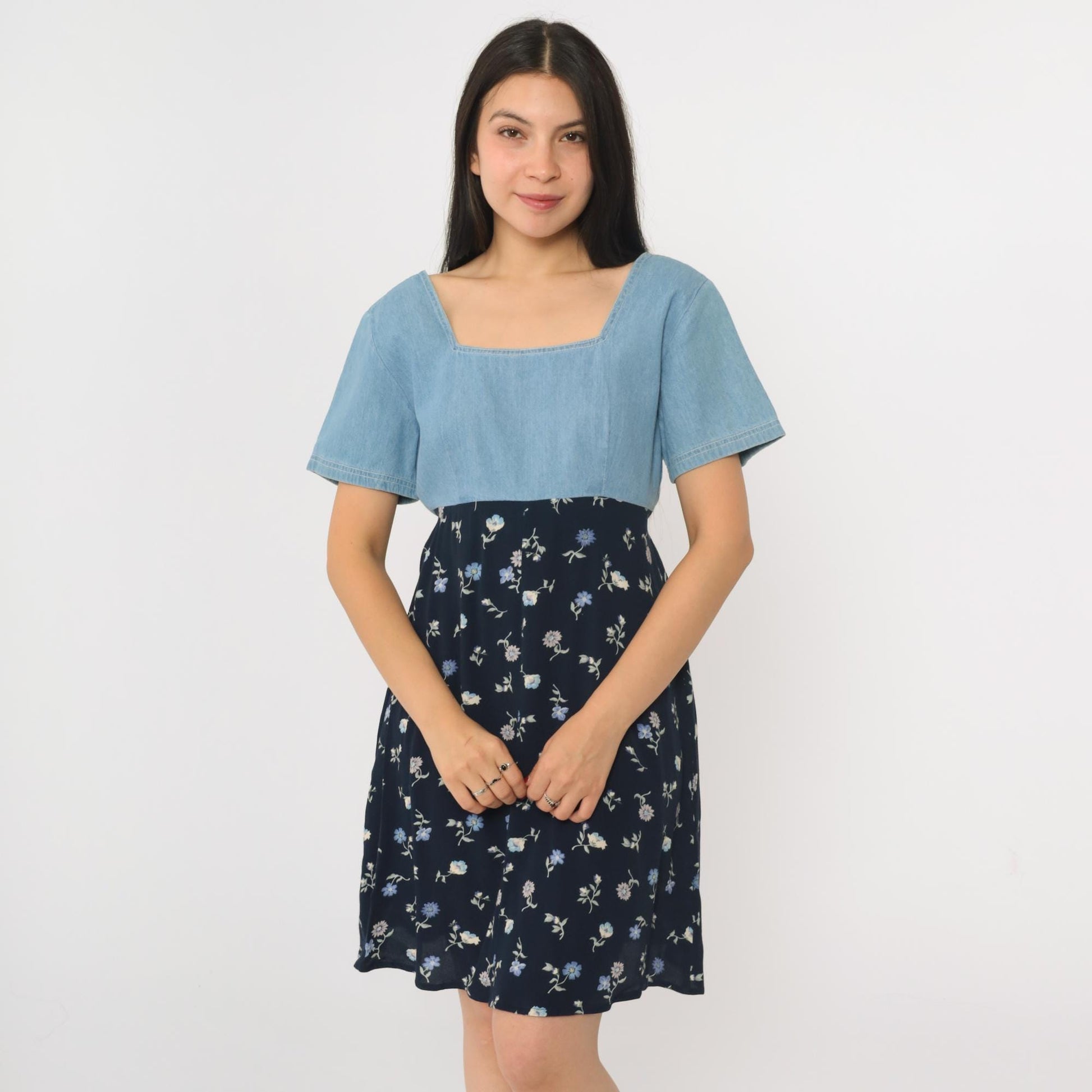 90s Jeans by Express Floral Denim Mini Dress High Waist Blue Small