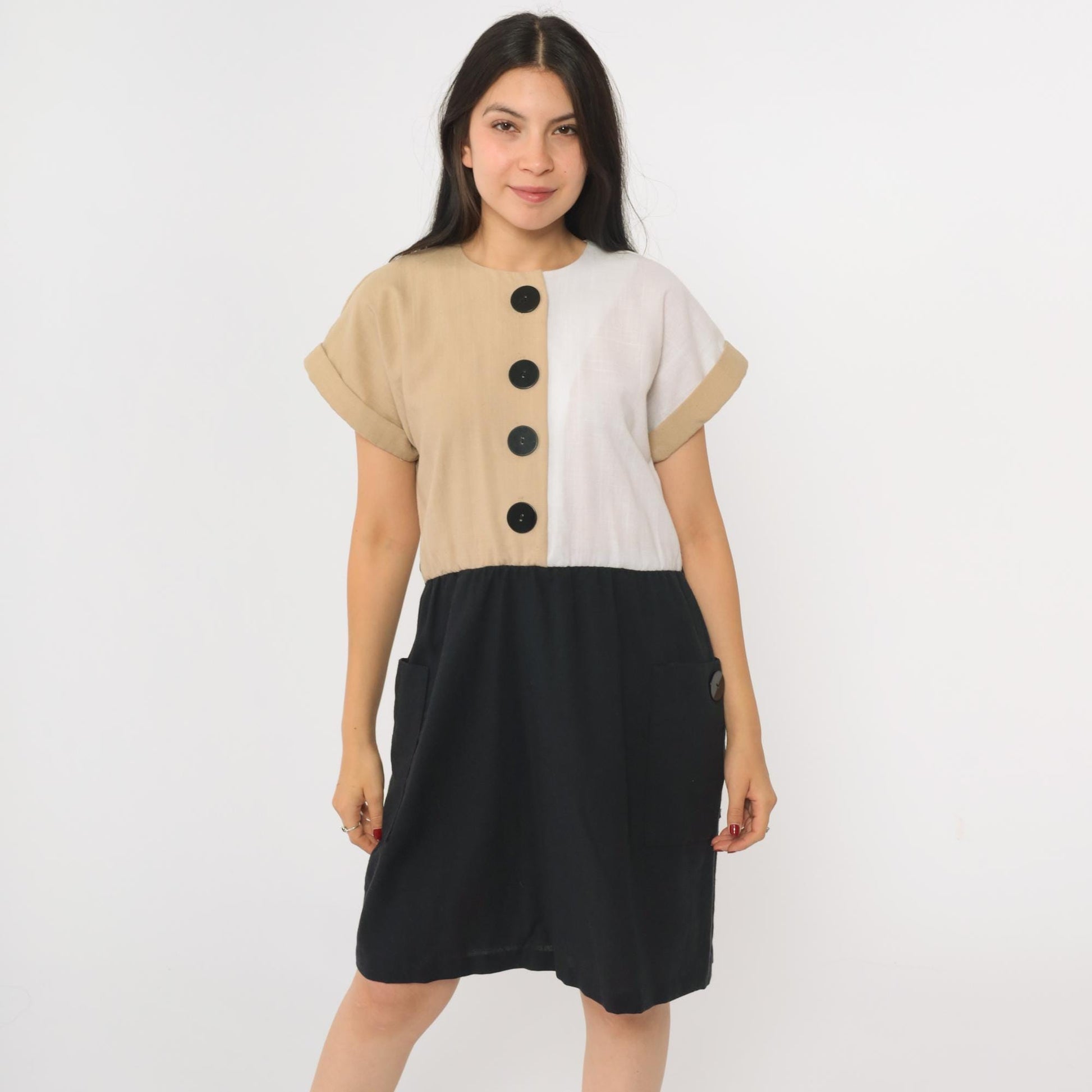 80s Color Block Mini Dress Button-Up High Waist Black Tan White Medium 8