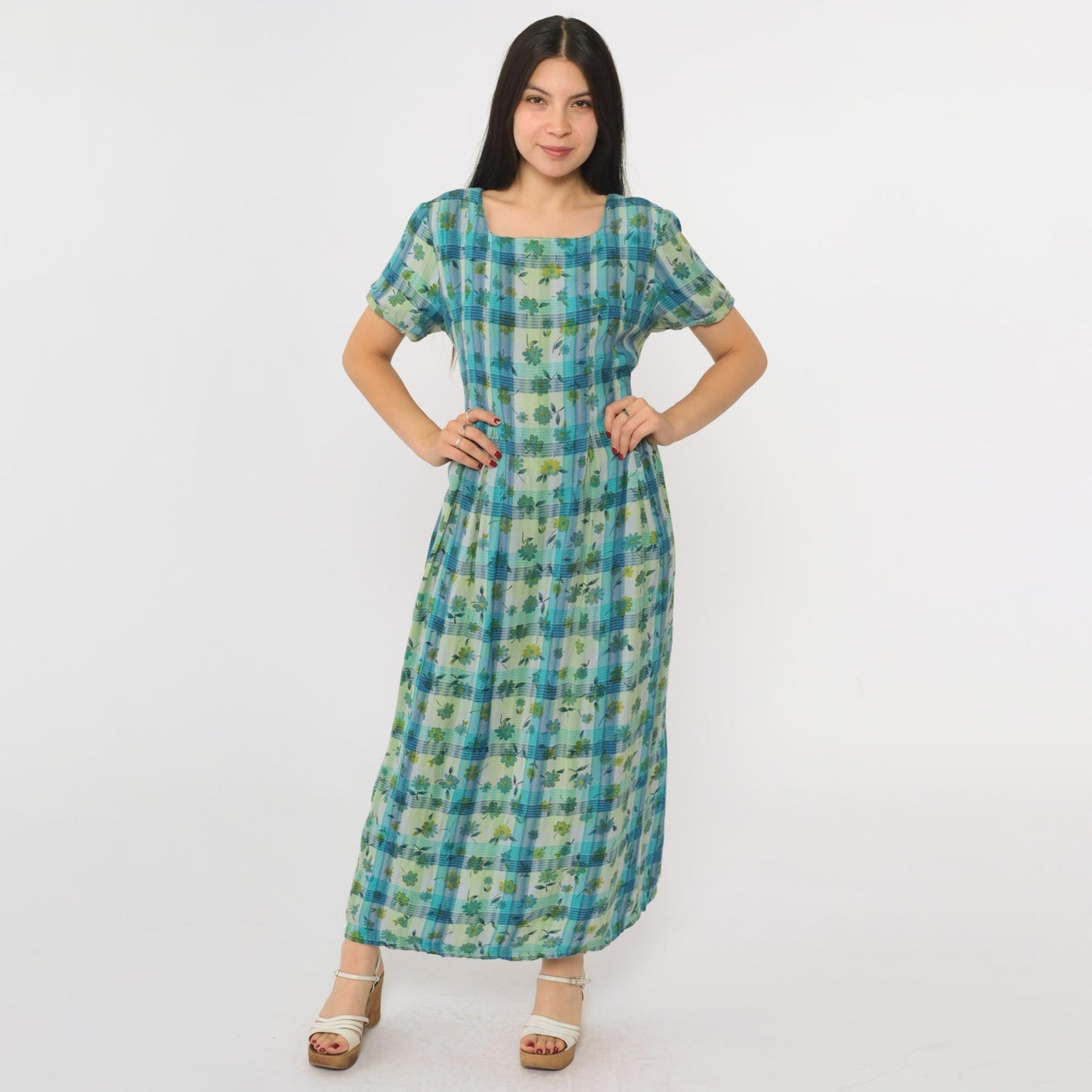 90s Sarah Elizabeth Checkered Floral Maxi Dress Blue Green Short Sleeve Medium