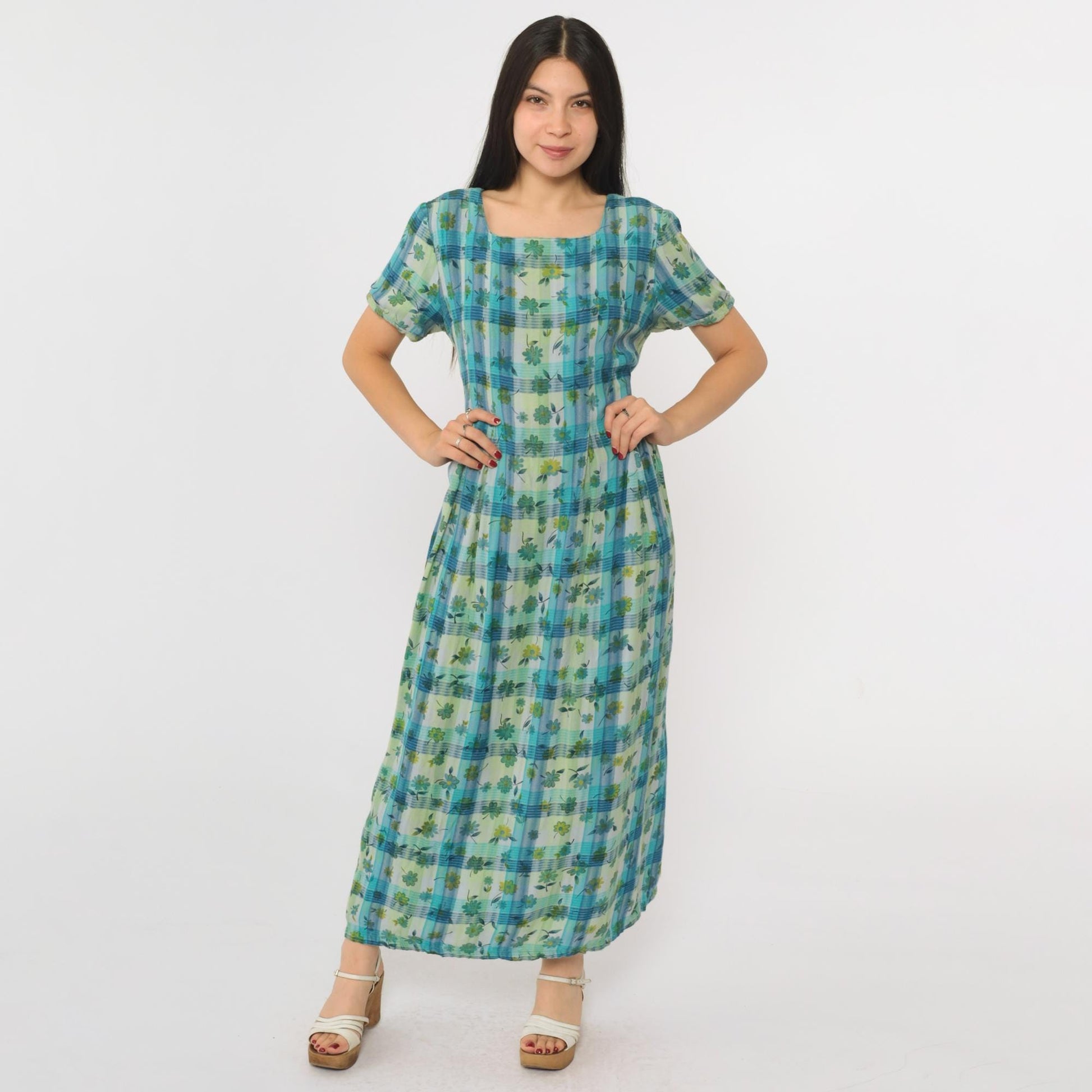 90s Sarah Elizabeth Checkered Floral Maxi Dress Blue Green Short Sleeve Medium