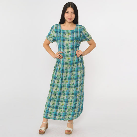 90s Sarah Elizabeth Checkered Floral Maxi Dress Blue Green Short Sleeve Medium