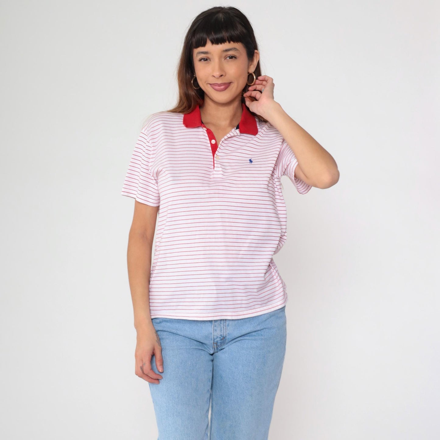 Y2K Ralph Lauren Golf Striped Polo Red White Quarter-Button Short Sleeve Medium