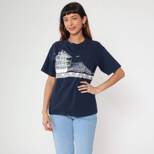 80s Hawaii Sailboat Graphic T-Shirt Navy Blue Islands Crewneck Medium