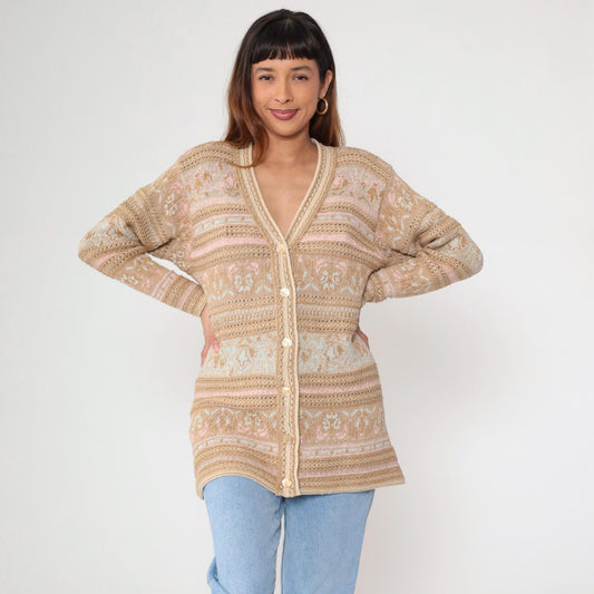 90s Lizsport Gold Floral Cardigan Sweater Tan Metallic Knit V Neck Small S