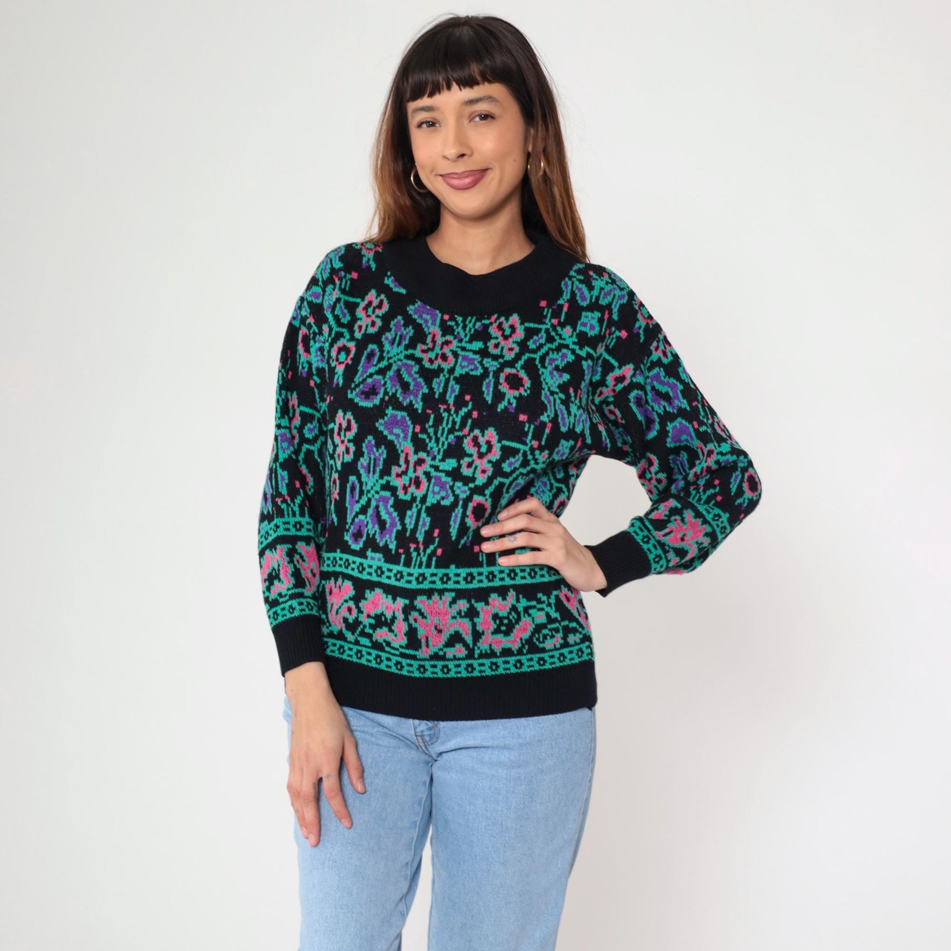 80s Abstract Floral Jacquard Sweater Black Knit Crewneck Small