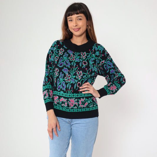 80s Abstract Floral Jacquard Sweater Black Knit Crewneck Small
