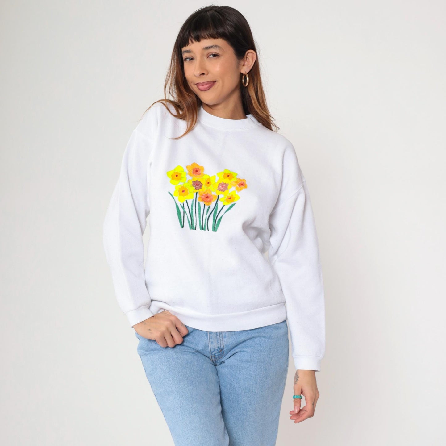 90s Tultex Floral Hand Painted Sweatshirt White Crewneck Medium M