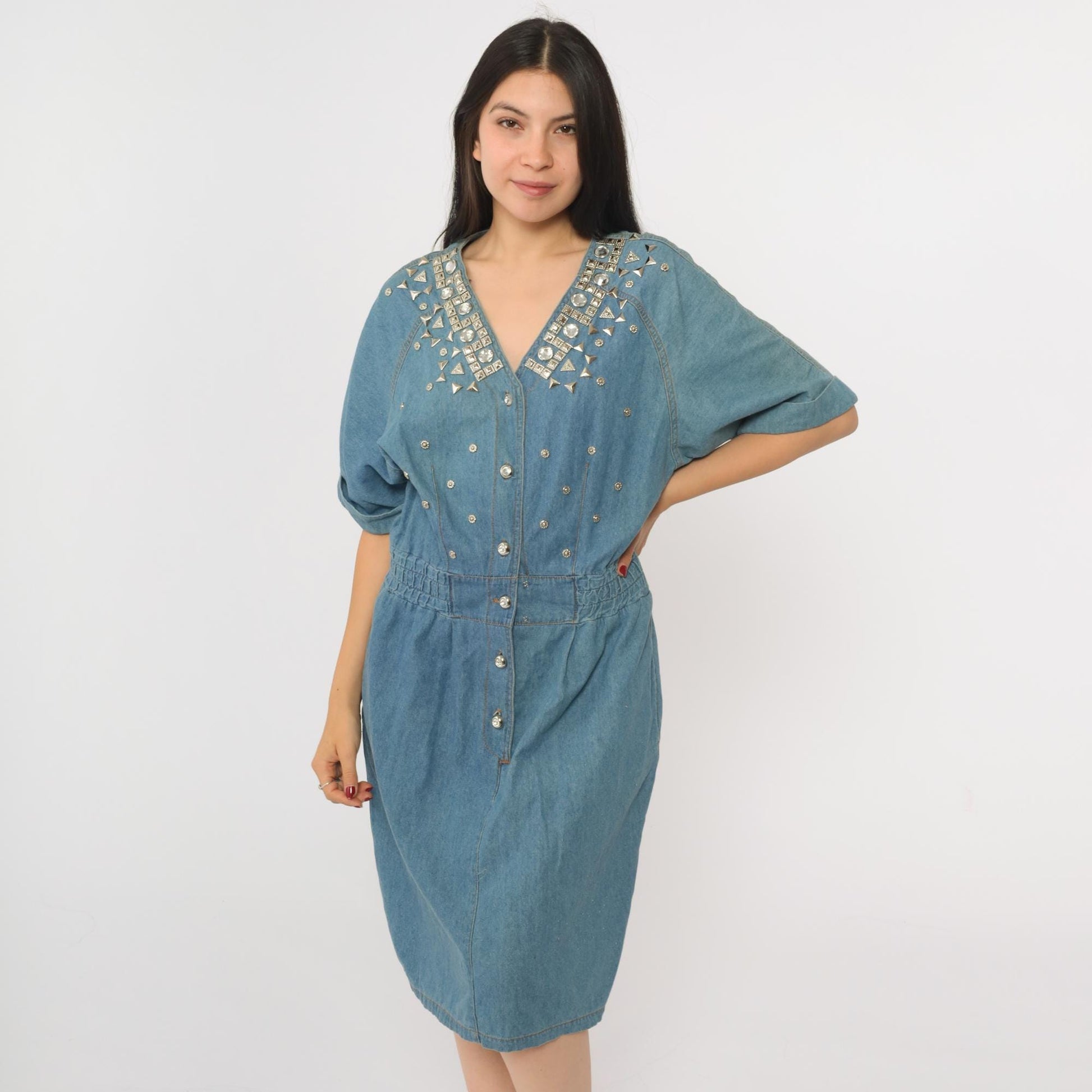 90s Styleworks Blue Denim Midi Dress Studded Rhinestone Button-Up V-Neck Medium