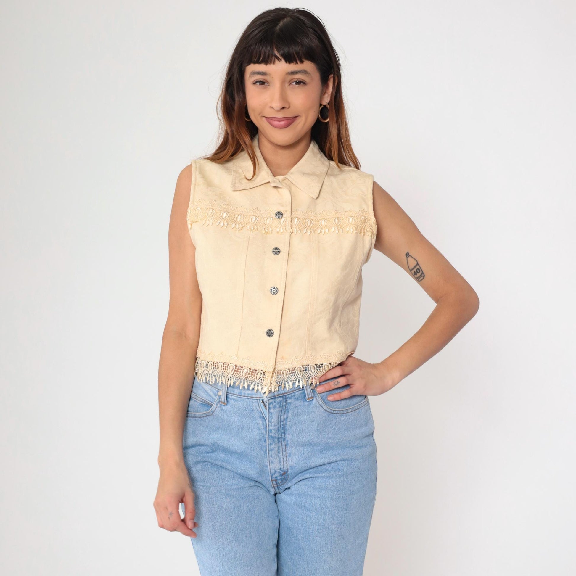90s Cream Floral Jacquard Vest Cotton Button Up Cropped Medium M