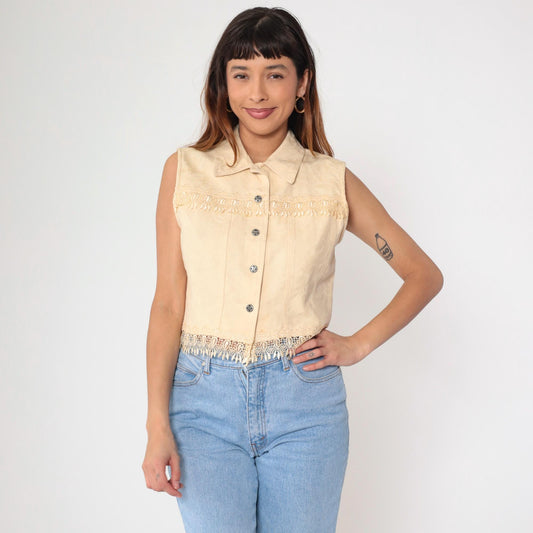 90s Cream Floral Jacquard Vest Cotton Button Up Cropped Medium M