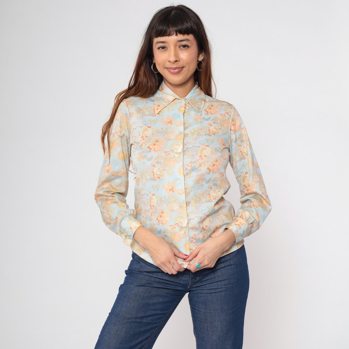 70s Sodi Floral Button-Up Blouse Blue Pointed Collar Long Sleeve Small