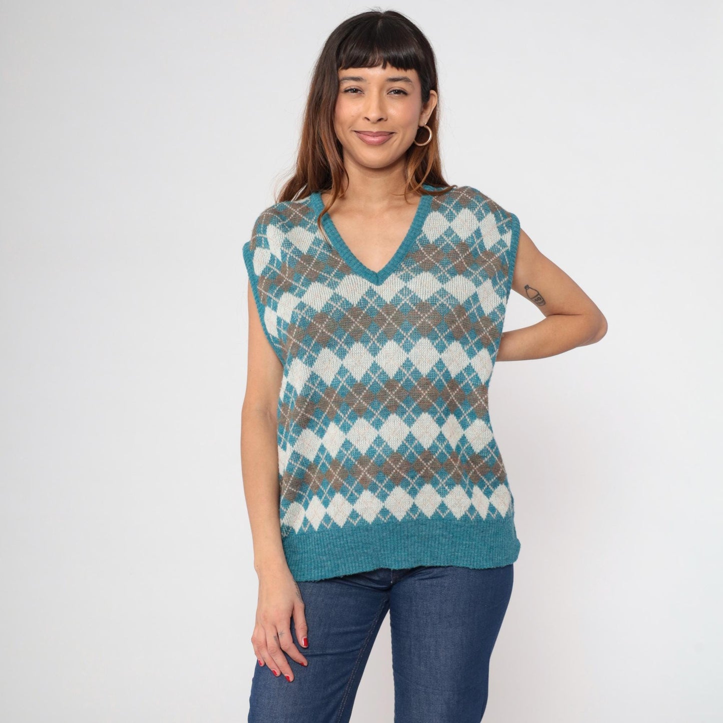 80s Turquoise Argyle Wool Acrylic Knit Vest V-Neck Sleeveless Large L