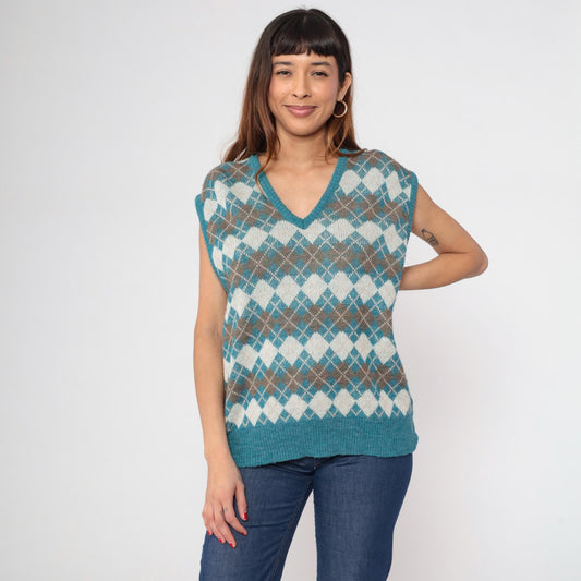 80s Turquoise Argyle Wool Acrylic Knit Vest V-Neck Sleeveless Large L