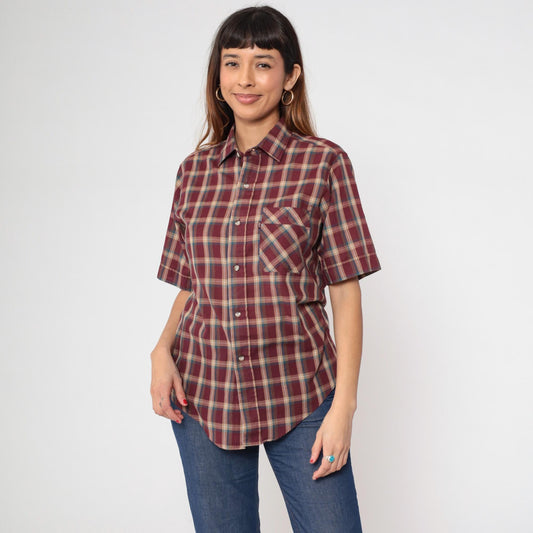 80s Levi's Plaid Button Up Shirt Burgundy Tan Checkered Short Sleeve Medium