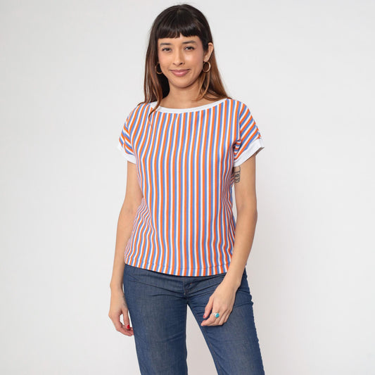 80s Striped Ringer Tee White Orange Blue Cap Sleeve Shirt Medium