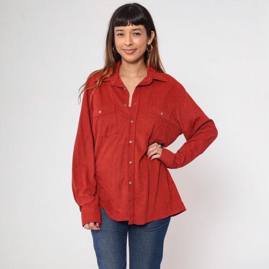 70s Prange's Rust Red Velour Button-Up Shirt Long Sleeve Collared Men's Large L