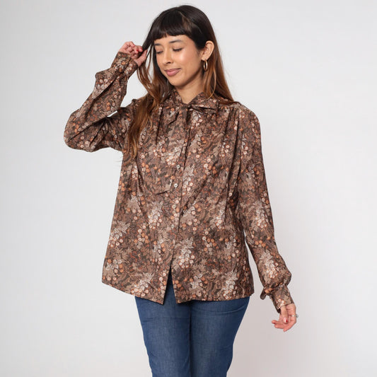 70s Brown Floral Ascot Blouse Button-Up Long Sleeve Large L