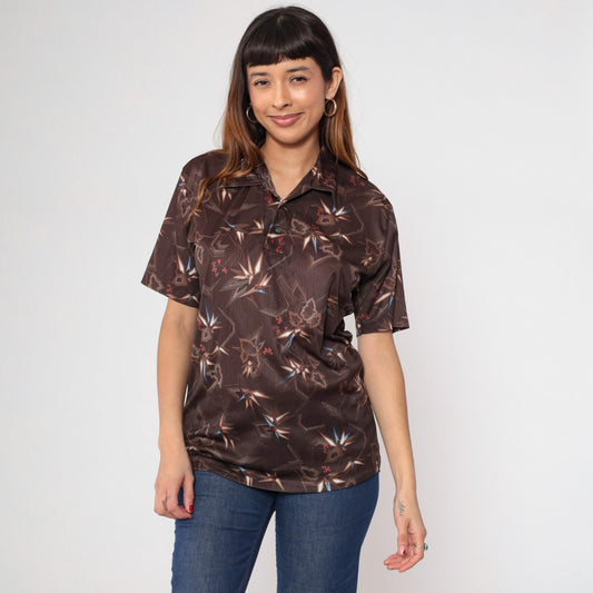 70s Stuart Mann Brown Geometric Print Button Up Shirt Dagger Collar Medium