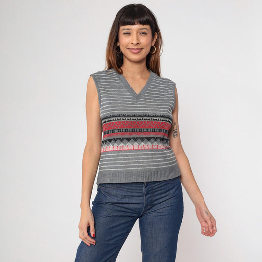 1970s Geometric Striped Knit Vest Grey Red White V-Neck Sleeveless Small