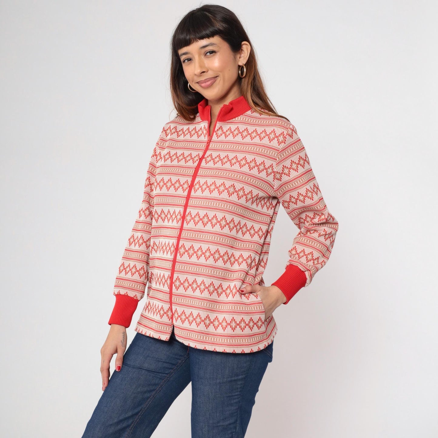 70s Geometric Striped Zip-Up Blouse Red Mock Neck Long Sleeve Large