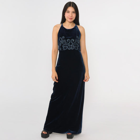 90s Blue Velvet Maxi Dress Spaghetti Strap Glitter Soutache Medium