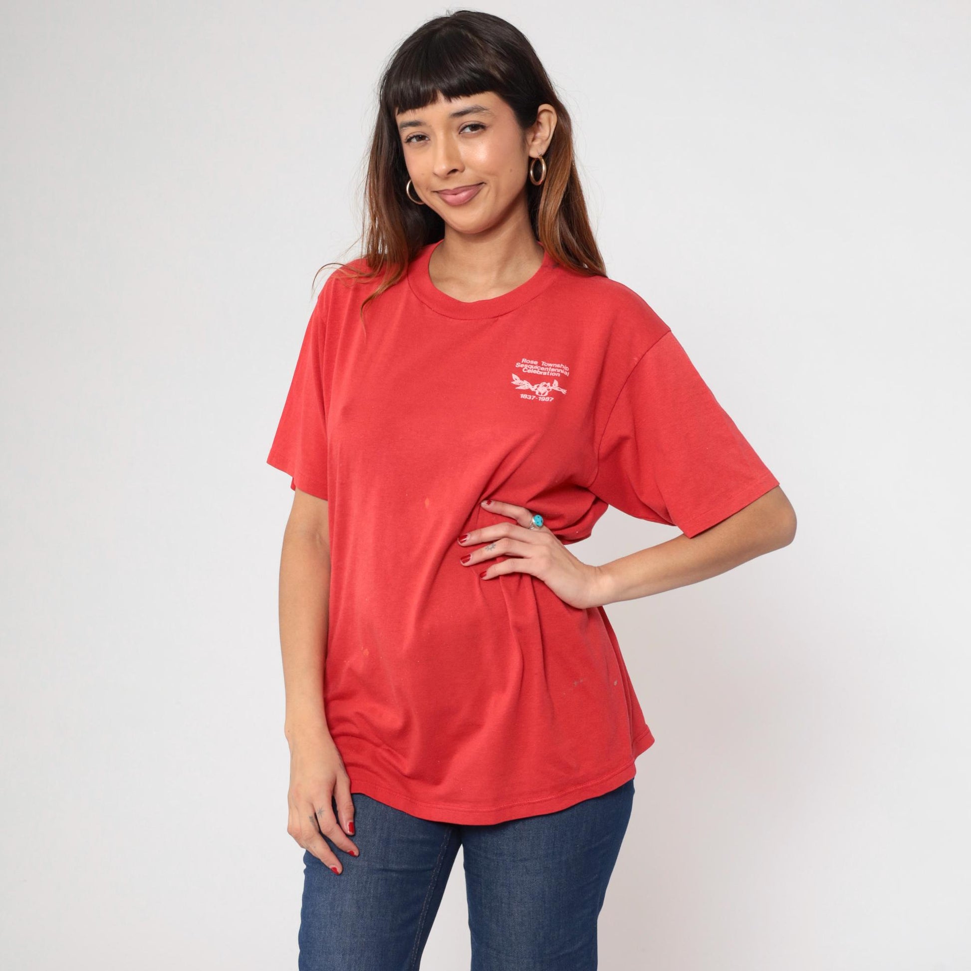 1987 Rose Township Sesquicentennial Michigan T-Shirt Red Jerzees Graphic Large