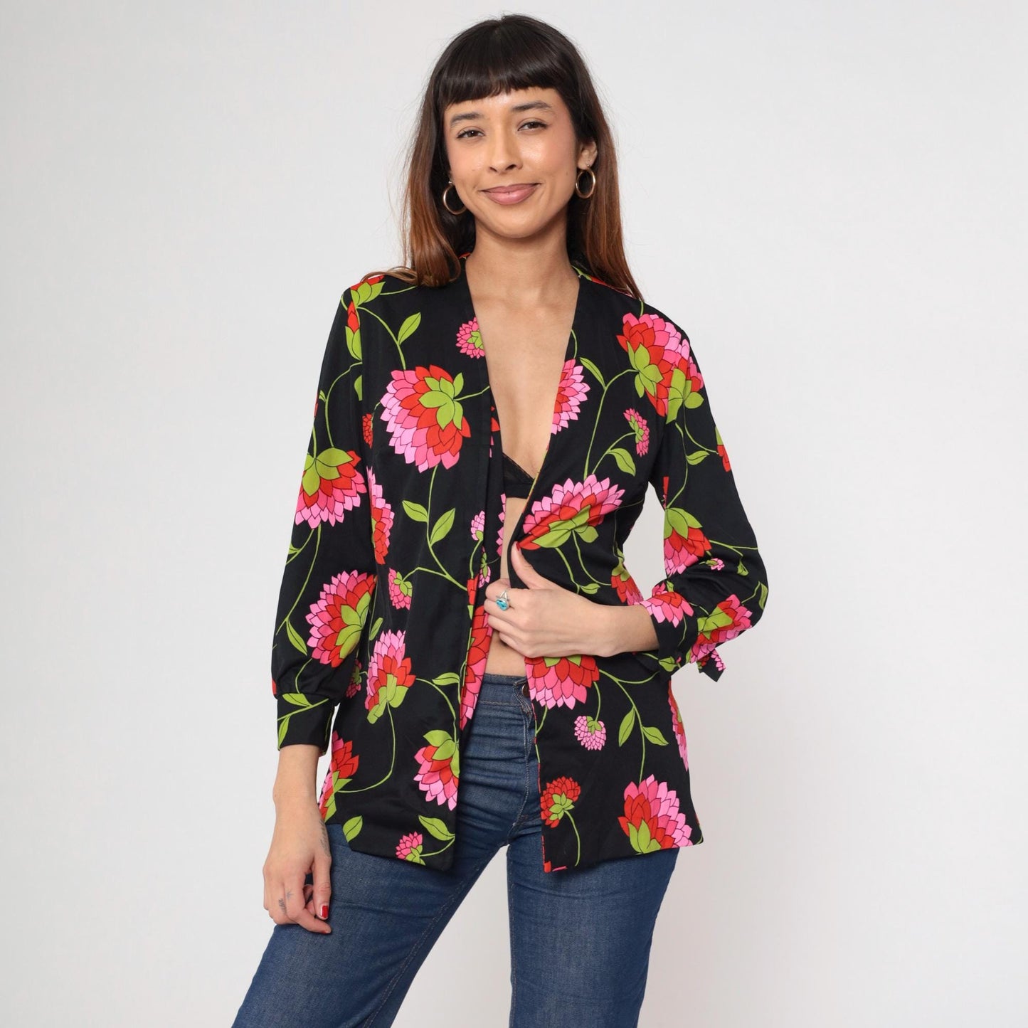 70s Black Floral Open Front Blouse Pink Green Print Long Sleeve Medium