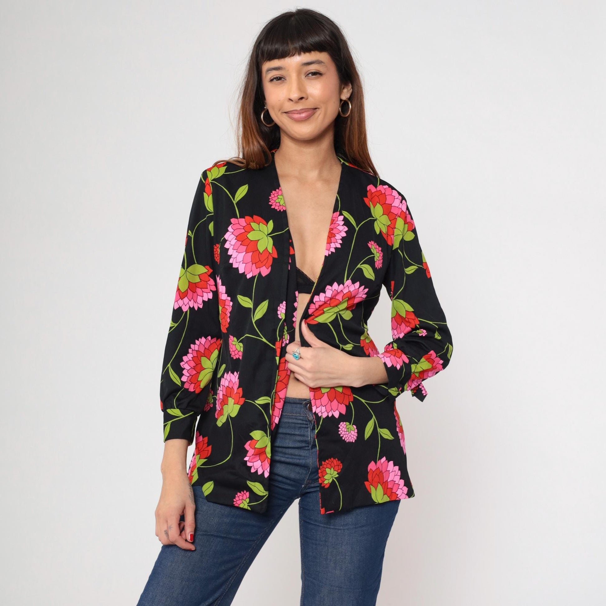 70s Black Floral Open Front Blouse Pink Green Print Long Sleeve Medium