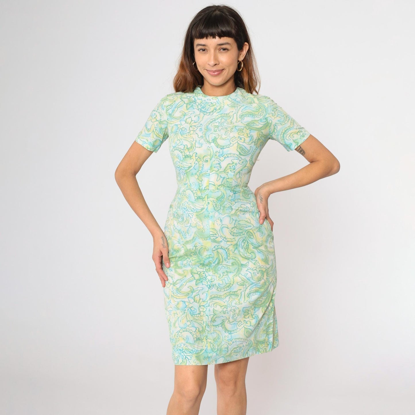 60s Abstract Floral Sheath Dress Green Blue Mini Short Sleeve Extra Small