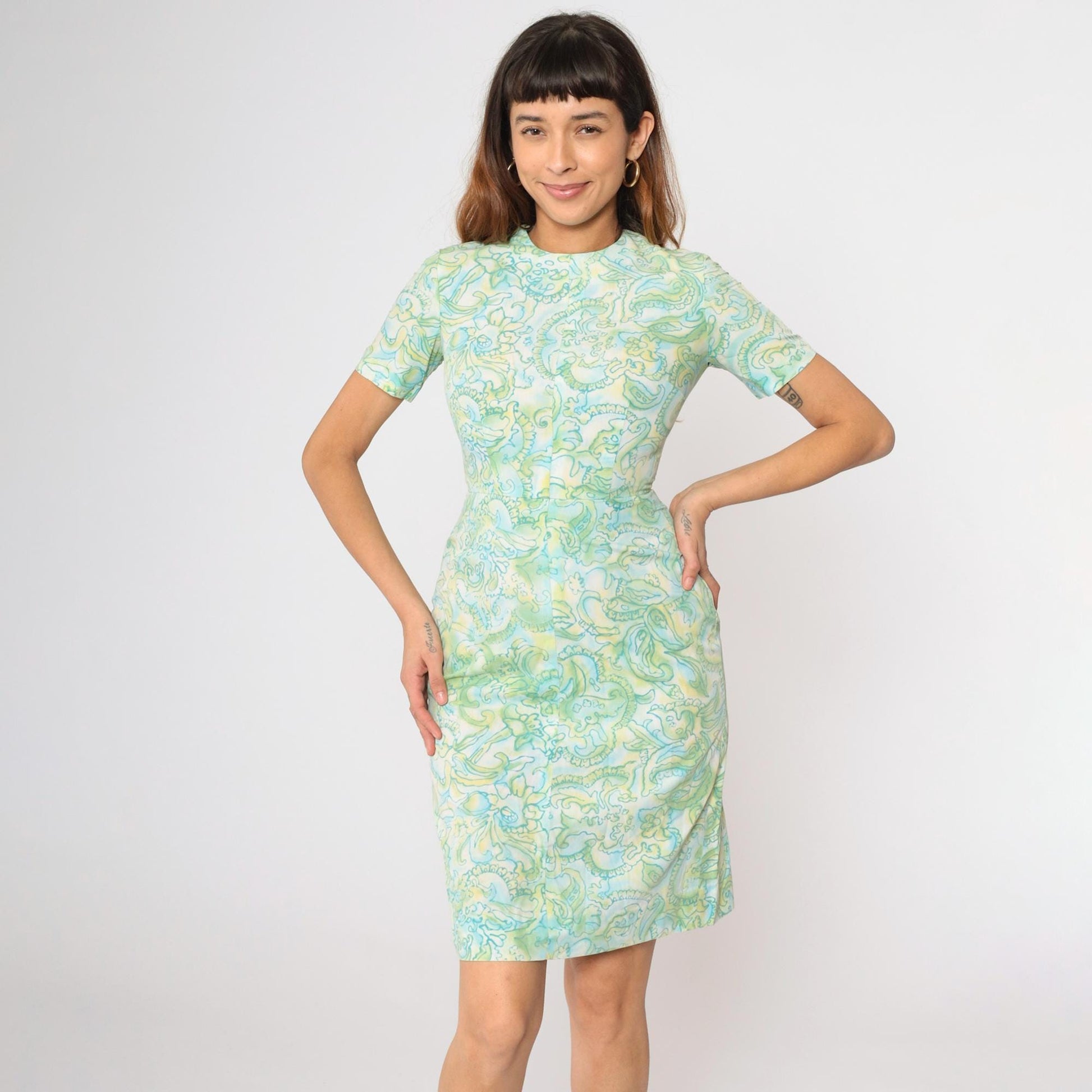 60s Abstract Floral Sheath Dress Green Blue Mini Short Sleeve Extra Small